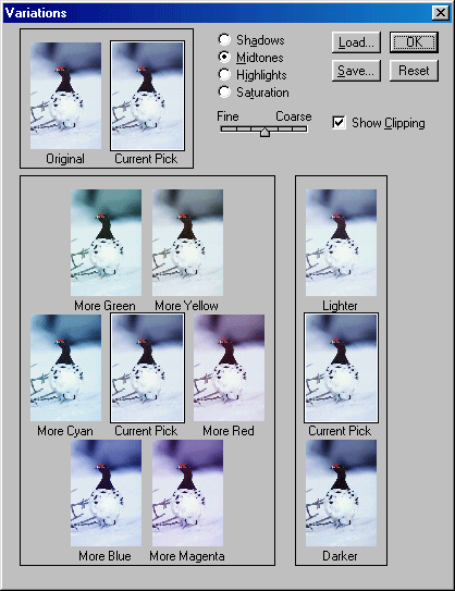 Иллюстрированный самоучитель по Adobe Photoshop 7 › Раскрашивание › Корректировка цвета с помощью миниатюры в диалоговом окне Variations