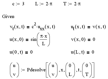 Иллюстрированный самоучитель по MathCAD 11 › Дифференциальные уравнения в частных производных › Встроенные функции для решения уравнений в частных производных. Параболические и гиперболические уравнения.