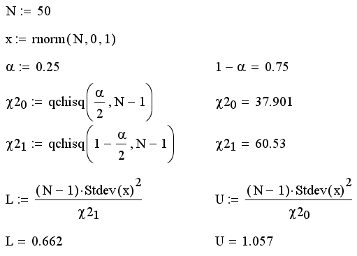 Иллюстрированный самоучитель по MathCAD 11 › Математическая статистика › Некоторые примеры. Интервальная оценка дисперсии.