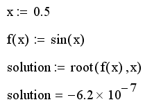 Иллюстрированный самоучитель по MathCAD 11 › Алгебраические уравнения и оптимизация › Одно уравнение с одним неизвестным