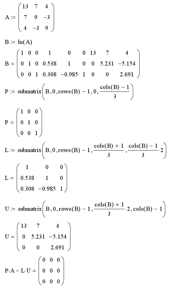 Иллюстрированный самоучитель по MathCAD 11 › Матричные вычисления › LU-разложение