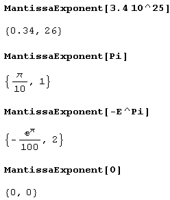 Иллюстрированный самоучитель по Mathematica 5 › Числа, их представление и операции над ними › Экспоненциальное представление чисел (функция MantissaExponent)