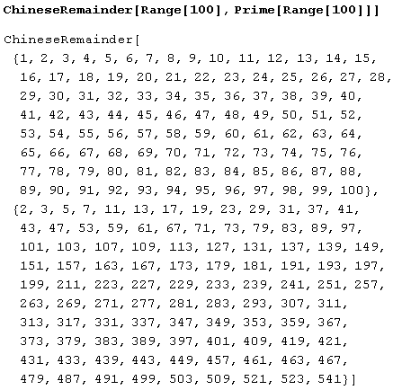 Иллюстрированный самоучитель по Mathematica 5 › Модулярная арифметика: деление с остатком, вычеты, сравнения и китайская теорема об остатках › Китайская теорема об остатках (функция ChineseRemainder)