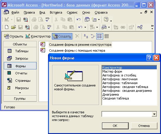 Иллюстрированный самоучитель по Microsoft Access 2002 › Создание форм для ввода данных › Автоматическое создание формы на основе таблицы или запроса