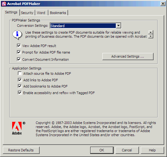 Иллюстрированный самоучитель по Adobe Acrobat 6 › Настройка качества выходных файлов Adobe PDF › Изменение параметров Adobe PDF в программе PDFMaker