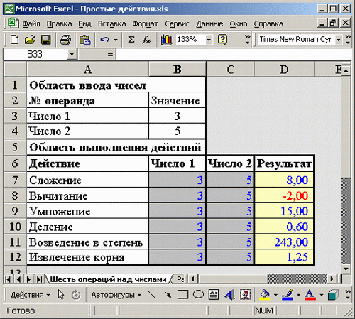 Иллюстрированный самоучитель по Microsoft Excel 2002 › Простейшие действия над числами › Представление результатов