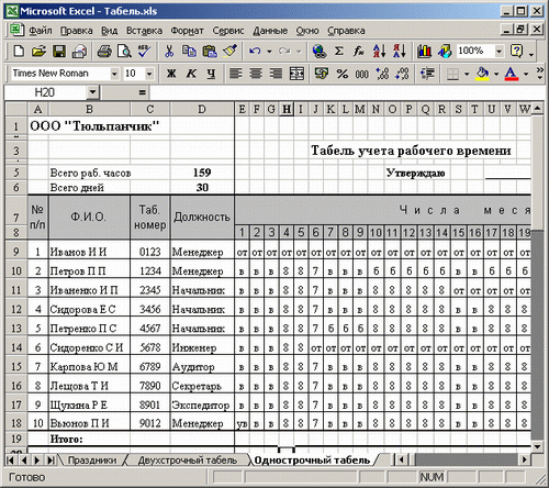 Иллюстрированный самоучитель по Microsoft Excel 2002 › Электронный табель учета рабочего времени › Однострочный табель