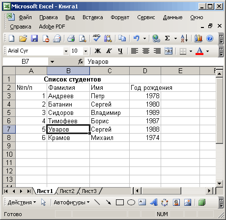 Иллюстрированный самоучитель по Microsoft Office 2003 › Анализ данных в Excel 2003 › Использование списков в качестве баз данных