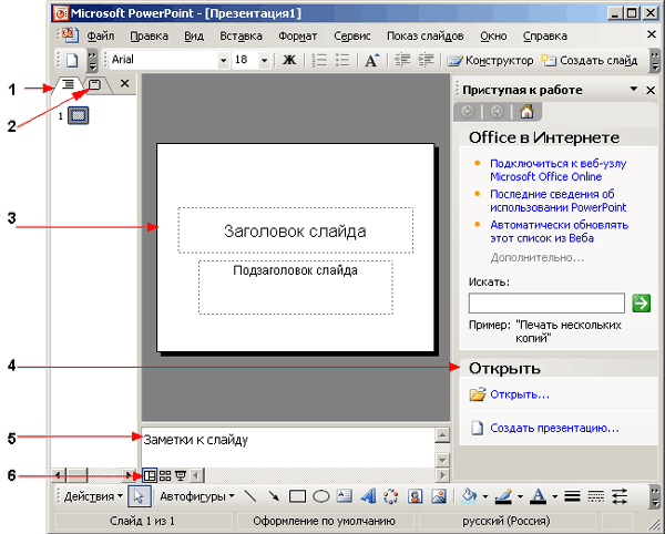 Иллюстрированный самоучитель по Microsoft Office 2003 › PowerPoint 2003 – средство для создания и демонстрации презентаций › Окно PowerPoint