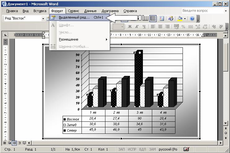 Иллюстрированный самоучитель по Microsoft Word › Редактирование диаграмм в Microsoft Graph › Меню и инструменты в Microsoft Graph