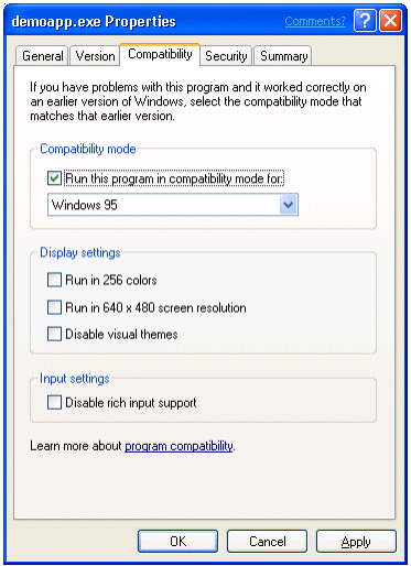 Иллюстрированный самоучитель по автоматической установке Windows XP › Запуск старых приложений в Windows XP › Использование вкладки Совместимость