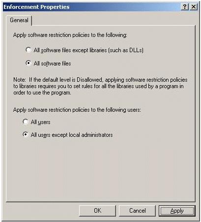 Иллюстрированный самоучитель по администрированию Windows 2000/2003 › Применение политик ограниченного использования программ для защиты от несанкционированного программного обеспечения › Опции политики ограниченного использования программ