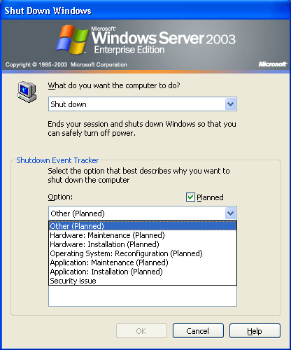 Иллюстрированный самоучитель по Microsoft Windows 2003 › Сообщения системы и отладчик › Функция Shutdown Event Tracker