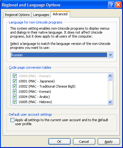Иллюстрированный самоучитель по Microsoft Windows 2003 › Конфигурирование системы и встроенные приложения › Поддержка приложений, не использующих Unicode