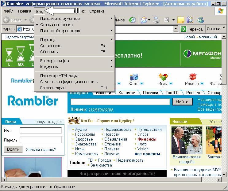 Иллюстрированный самоучитель по работе в Internet › Навигация в WWW при помощи Internet Explorer › Пункт меню Вид