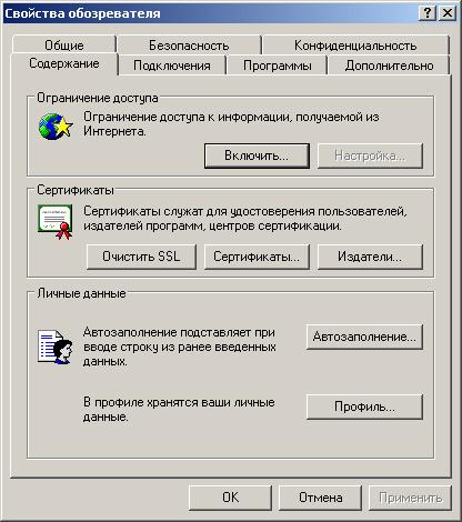 Иллюстрированный самоучитель по Microsoft FrontPage 2002 › Настройка Internet Explorer › Параметры вкладки Содержание