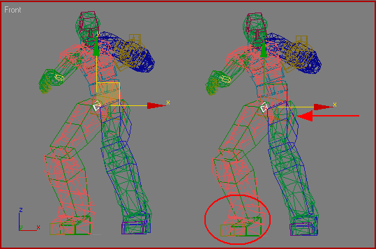Иллюстрированный самоучитель по анимации персонажей в 3D Studio Max › Использование захвата движения › Выравнивание правой ступни перемещением объекта СОМ