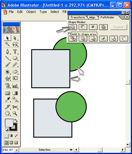 Иллюстрированный самоучитель по Adobe Illustrator 10 › Векторные трансформации и фильтры › Кнопка Add to shape area