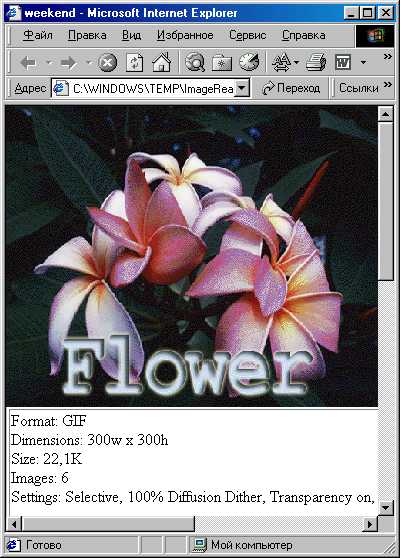 Иллюстрированный самоучитель по Adobe Photoshop 7 › Работа с Web и программирование Imageready › Предварительный просмотр оптимизированного изображения в браузере. Сохранение файла в программе ImageReady.