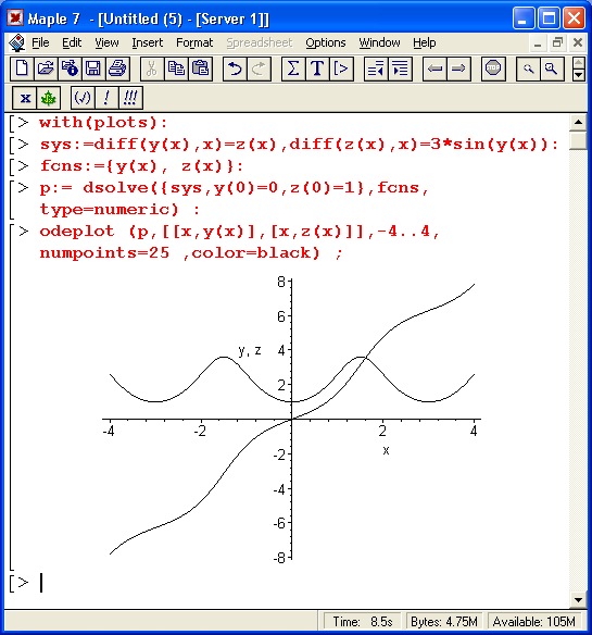 Иллюстрированный самоучитель по Maple 6/7 › Решение дифференциальных уравнений › Графическое представление решений дифференциальных уравнений