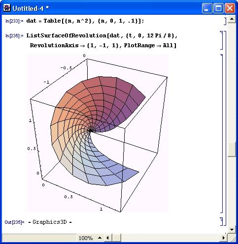 Иллюстрированный самоучитель по Mathematica 3/4 › Расширения графики (пакет Graphics) › Создание поверхностей вращения (SurfaceOfRevolution)