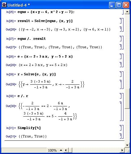Иллюстрированный самоучитель по Mathematica 3/4 › Операции математического анализа › Решение систем нелинейных уравнений в символьном виде
