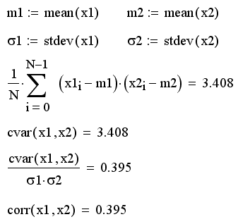 Иллюстрированный самоучитель по MathCAD 11 › Математическая статистика › Генерация коррелированных случайных чисел. Ковариация и корреляция.
