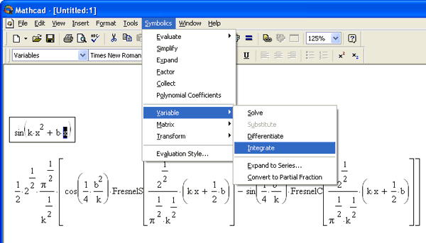 Иллюстрированный самоучитель по MathCAD 11 › Символьные вычисления › Интегрирование. Решение уравнений.
