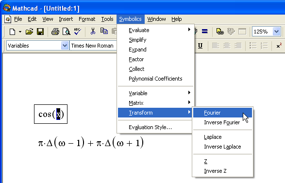 Иллюстрированный самоучитель по MathCAD 11 › Символьные вычисления › Интегральные преобразования