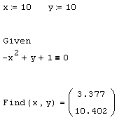 Иллюстрированный самоучитель по MathCAD 12 › Нелинейные алгебраические уравнения › Численное решение уравнений. Системы уравнений: функция Find.