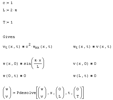 Иллюстрированный самоучитель по MathCAD 12 › Дифференциальные уравнения в частных производных › Встроенные функции для решения уравнений в частных производных. Параболические и гиперболические уравнения.