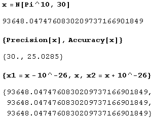 Иллюстрированный самоучитель по Mathematica 5 › Числа, их представление и операции над ними › Разрядность и точность при выполнении операций над числами. Отбрасывание малых вещественных чисел (функция Chop).