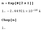 Иллюстрированный самоучитель по Mathematica 5 › Числа, их представление и операции над ними › Разрядность и точность при выполнении операций над числами. Отбрасывание малых вещественных чисел (функция Chop).