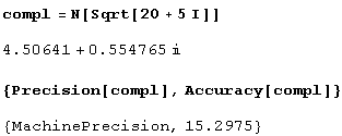 Иллюстрированный самоучитель по Mathematica 5 › Числа, их представление и операции над ними › Представление вещественных чисел систематическими дробями (функция N). Разрядность и точность вещественных чисел (функции Precision и Accuracy).
