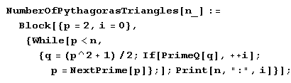 Иллюстрированный самоучитель по Mathematica 5 › Арифметика: простые числа › Пифагоровы треугольники, у которых длины двух сторон выражаются простыми числами