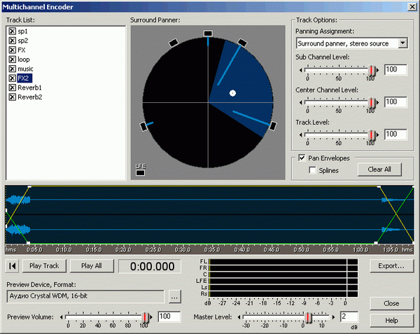 Иллюстрированный самоучитель по Adobe Audition 1.5 › Сводим проект в surround › Позиционируем источники звука на круговой панораме с помощью окна Multichannel Encoder