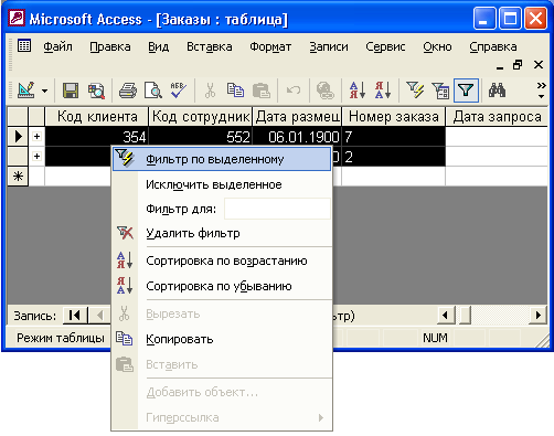Иллюстрированный самоучитель по Microsoft Access 2002 › Работа с таблицами › Фильтрация данных