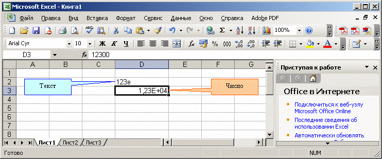 Иллюстрированный самоучитель по Microsoft Excel › Ввод и редактирование данных › Ввод чисел и текста