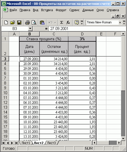Иллюстрированный самоучитель по Microsoft Excel 2002 › От таблицы умножения к элементарным расчетам денежных потоков › Таблица расчета процентов по остаткам на расчетном счете