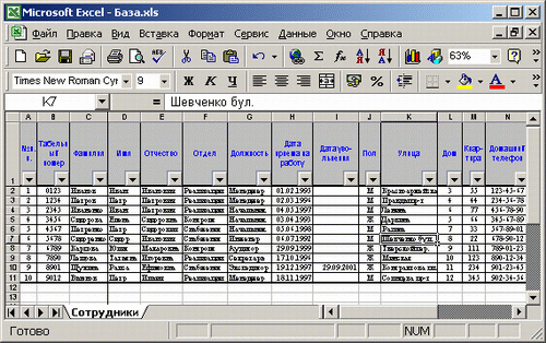 Иллюстрированный самоучитель по Microsoft Excel 2002 › Создание табличной базы данных сотрудников › Просмотр табличной базы данных
