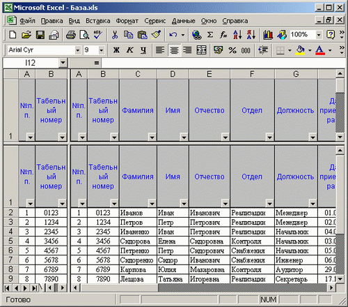 Иллюстрированный самоучитель по Microsoft Excel 2002 › Создание табличной базы данных сотрудников › Разделение таблицы на области. Закрепление областей.