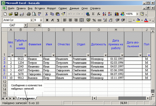 Иллюстрированный самоучитель по Microsoft Excel 2002 › Создание табличной базы данных сотрудников › Фильтрация списка