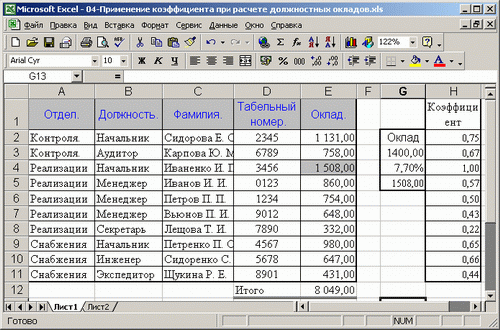 Иллюстрированный самоучитель по Microsoft Excel 2002 › Должностные оклады и премии › Использование коэффициентов