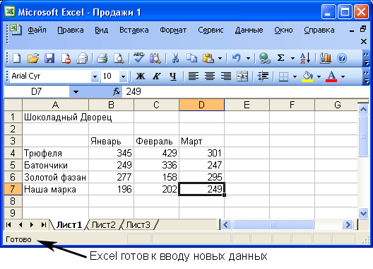 Иллюстрированный самоучитель по Microsoft Excel 2003 › Составление таблицы › Как вводить данные