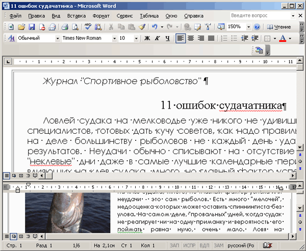 Иллюстрированный самоучитель по Microsoft Office 2003 › Знакомимся с Microsoft Word 2003 › Разделение окна приложения на две части