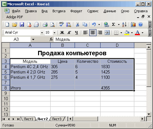 Иллюстрированный самоучитель по Microsoft Office 2003 › Выполнение расчетов по формулам в Excel 2003 › Работа с формулами с клавиатуры