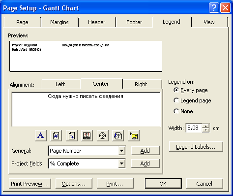 Иллюстрированный самоучитель по Microsoft Project 2003 › Дополнительные окна › Окно Page Setup