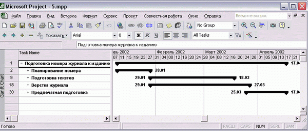 Иллюстрированный самоучитель по Microsoft Project 2002 › Диаграмма Ганта › Пример форматирования диаграммы