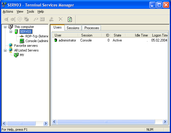 Иллюстрированный самоучитель по Microsoft Windows 2003 › Дополнительные сетевые службы › Серверные административные утилиты. Утилита Terminal Services Manager.