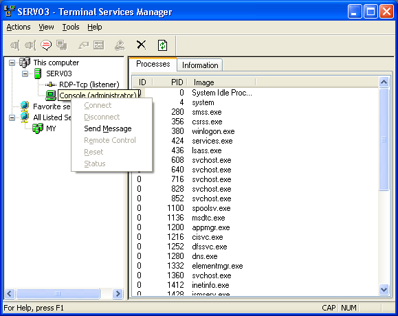 Иллюстрированный самоучитель по Microsoft Windows 2003 › Дополнительные сетевые службы › Подключение к другому сеансу. Отключение от сеанса.